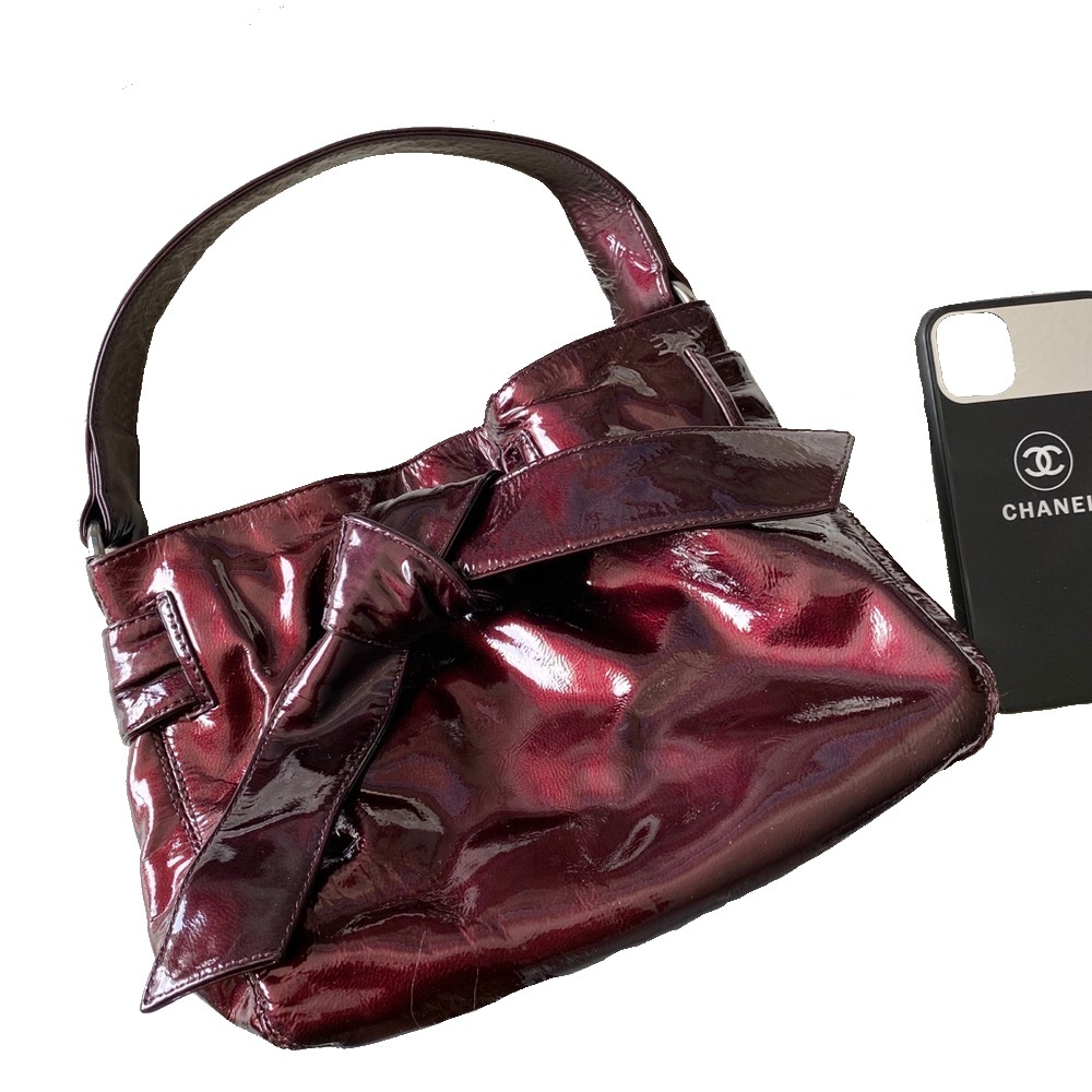 Kooba ❁ Bonnie Patent Leather Mini Bow Top Handle Handbag Bag ❁ Purple Merlot ❁ - Picture 3 of 17
